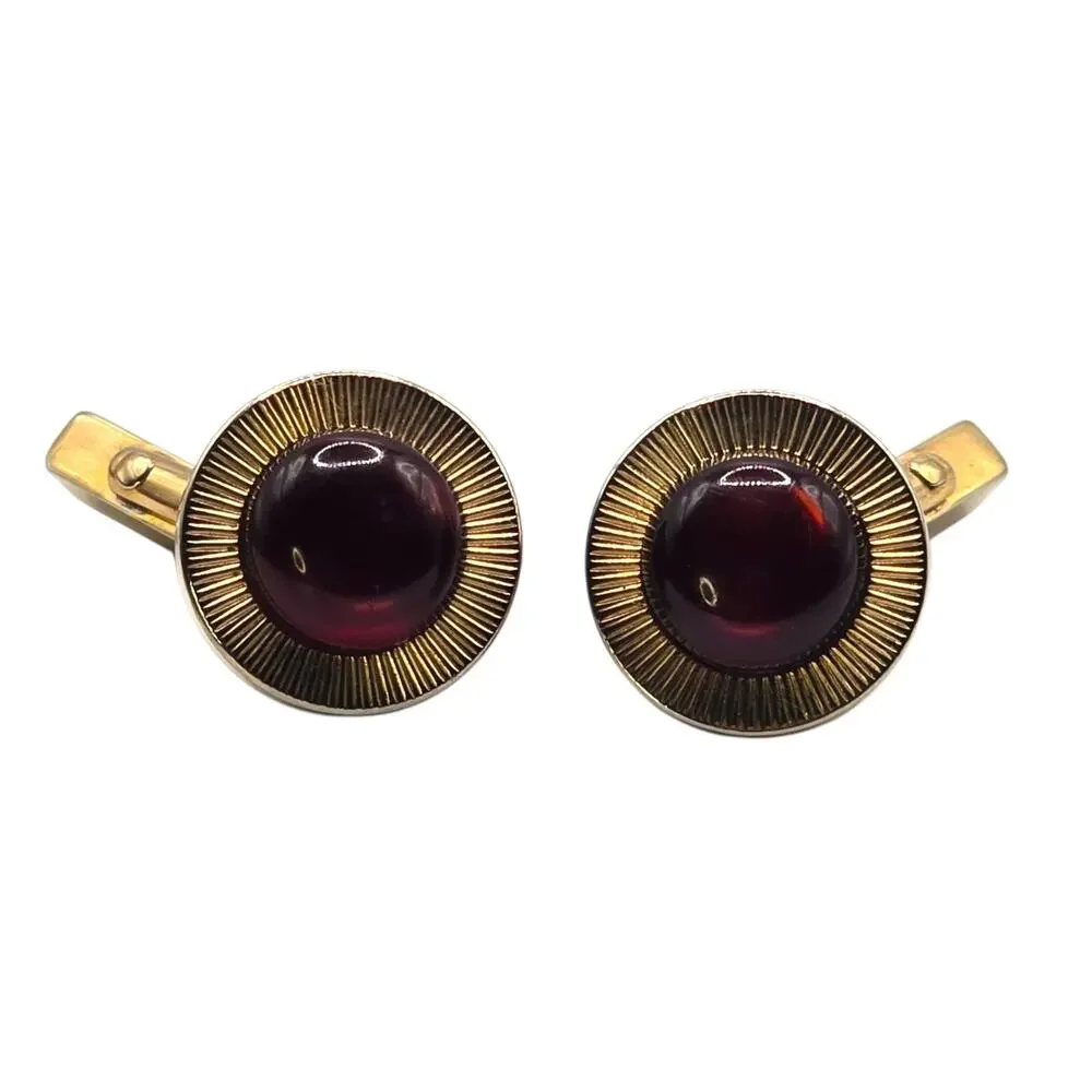 Vintage Swank Cufflinks Deep Red Glass MCM Folding Toggle Gold Tone 50s 70s